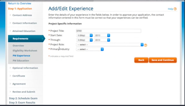 Project management experience in PMP application form